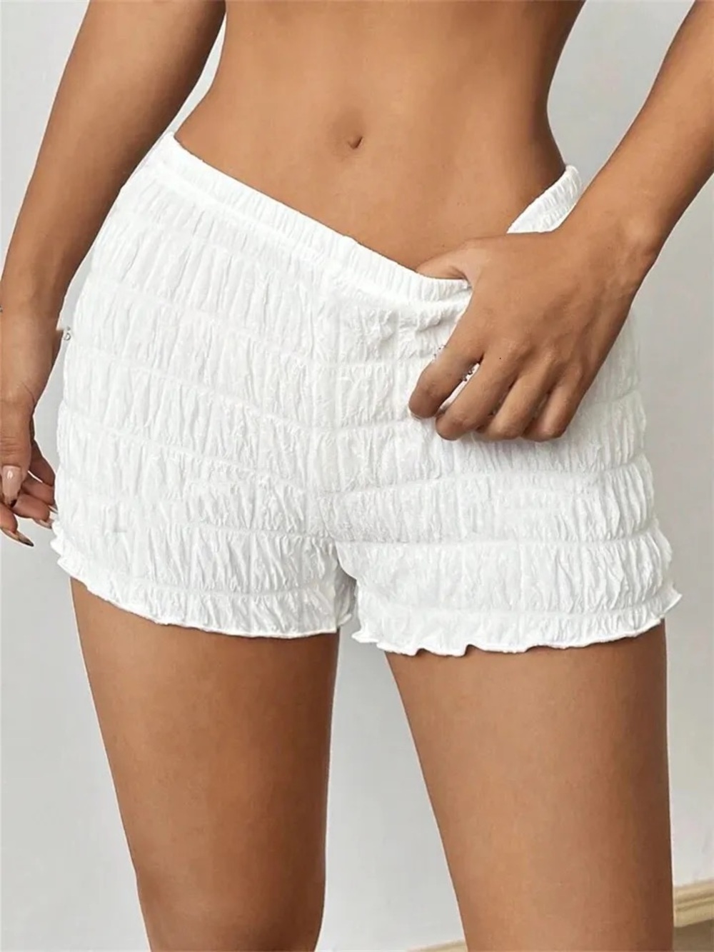 White Smocked Ruffle Hem Lounge Shorts NEW